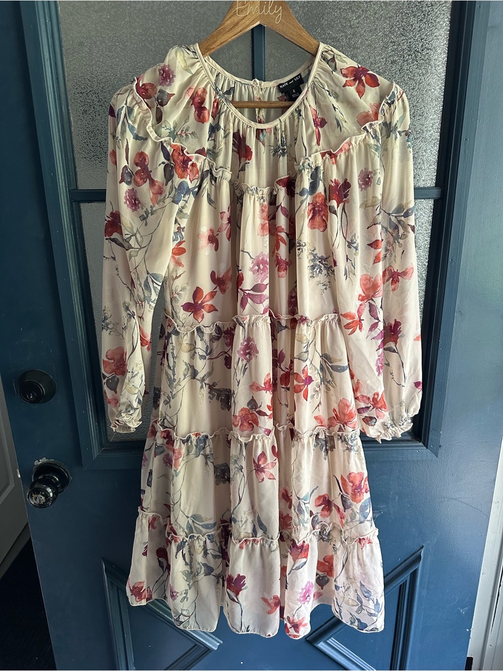 Cream Floral Tiered Long Sleeve Dress